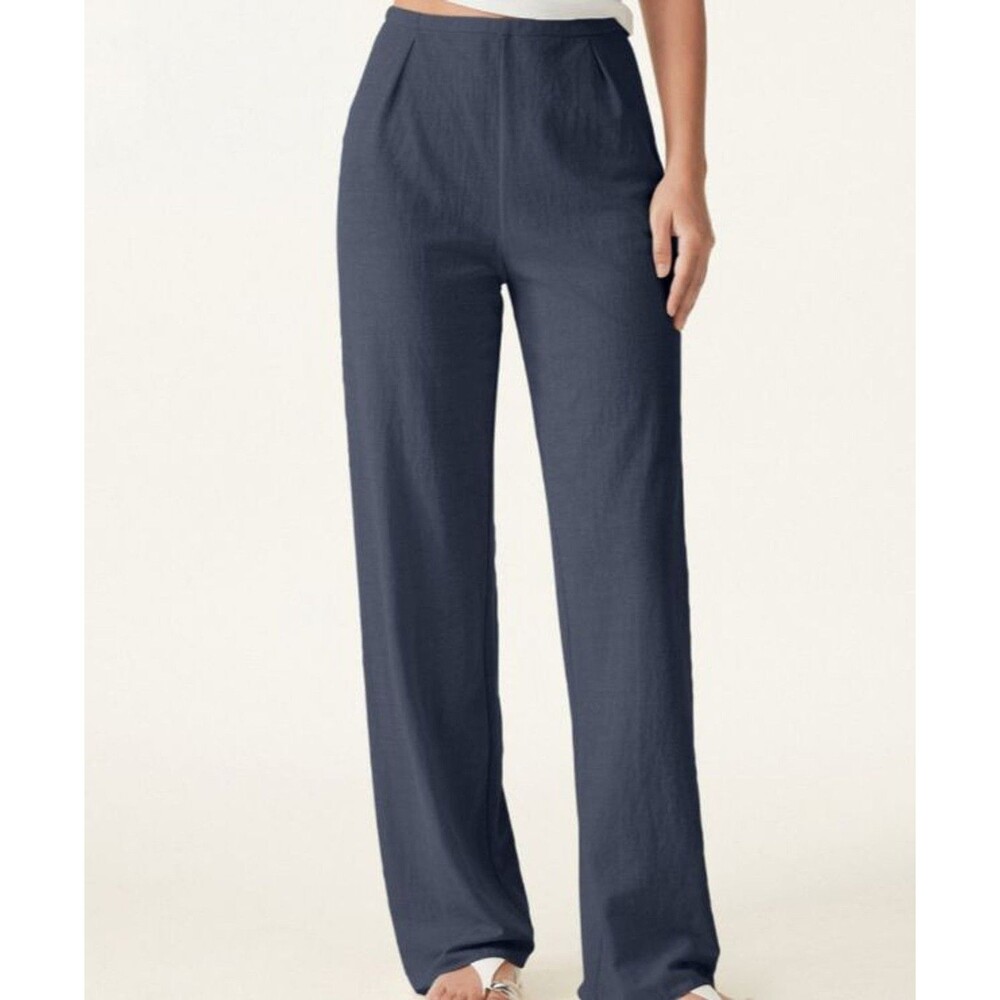 OGL Cotton Linen Blend Lightweight Side Zip Straight Leg Pants Navy Size Medium